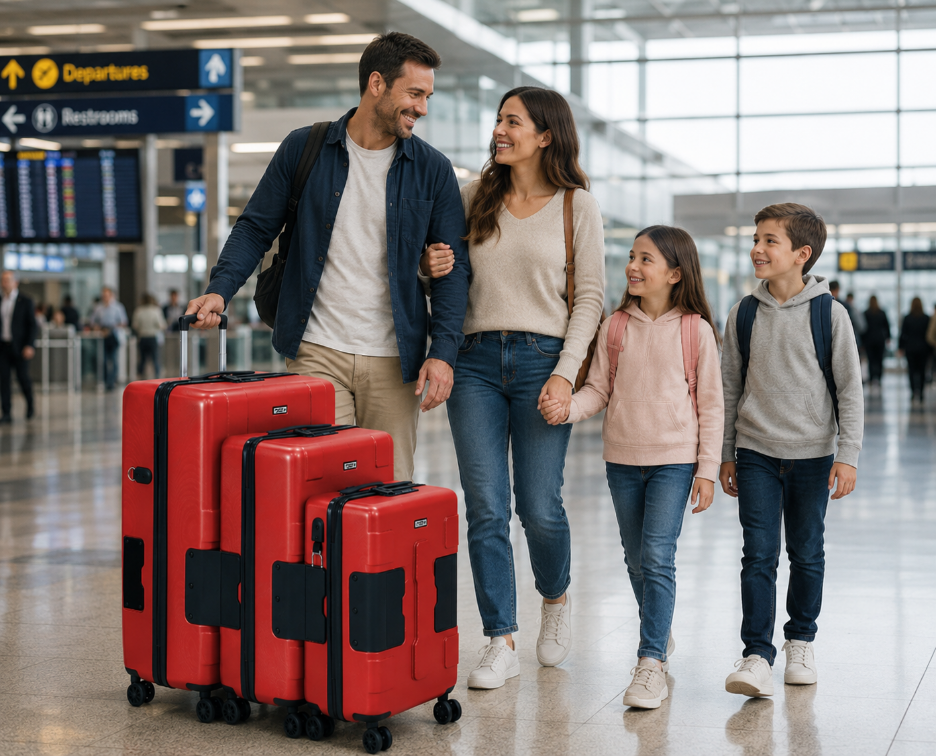 Family of four walking through airport departures with connected red TACH luggage set.